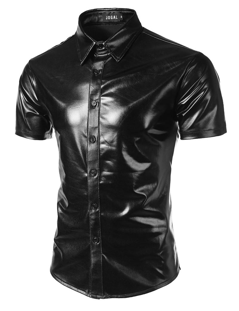 JOGAL Men's 70s Disco Shiny Metallic Gold Silver Short Sleeve Button Down Shirts Medium Black - Image 1